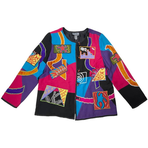 Indigo Moon Jackets & Blazers - Women's Vintage  Indigo Moon Patchwork Modern Art Applique Jacket Sz M